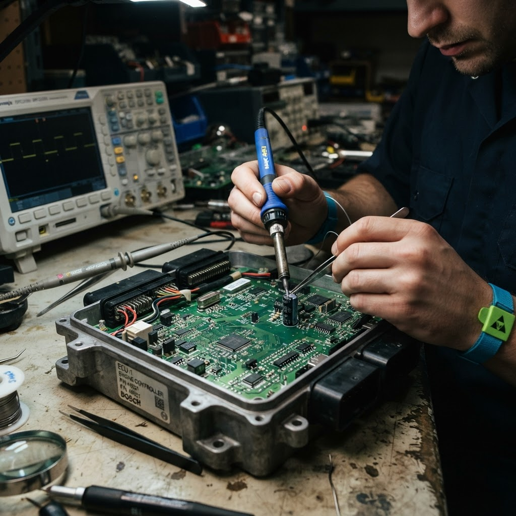 Regeneracja płytki PCB sterownika ECU Kubota – wymiana kondensatorów elektrolitycznych pod mikroskopem w serwisie elektroniki w Gliwicach