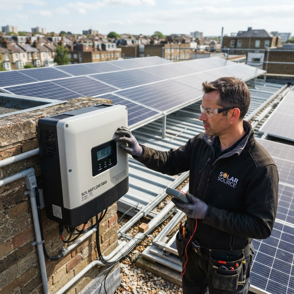 Falownik fotowoltaiczny zamontowany na ścianie obok paneli słonecznych, technik sprawdza wskaźniki LED podczas serwisu instalacji PV
