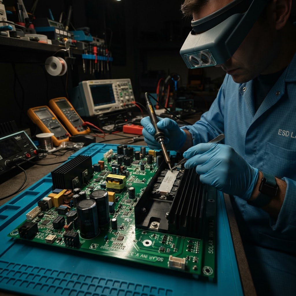 Regeneracja płytki PCB falownika fotowoltaicznego – wymiana modułów IGBT i kondensatorów elektrolitycznych w serwisie elektroniki w Gliwicach