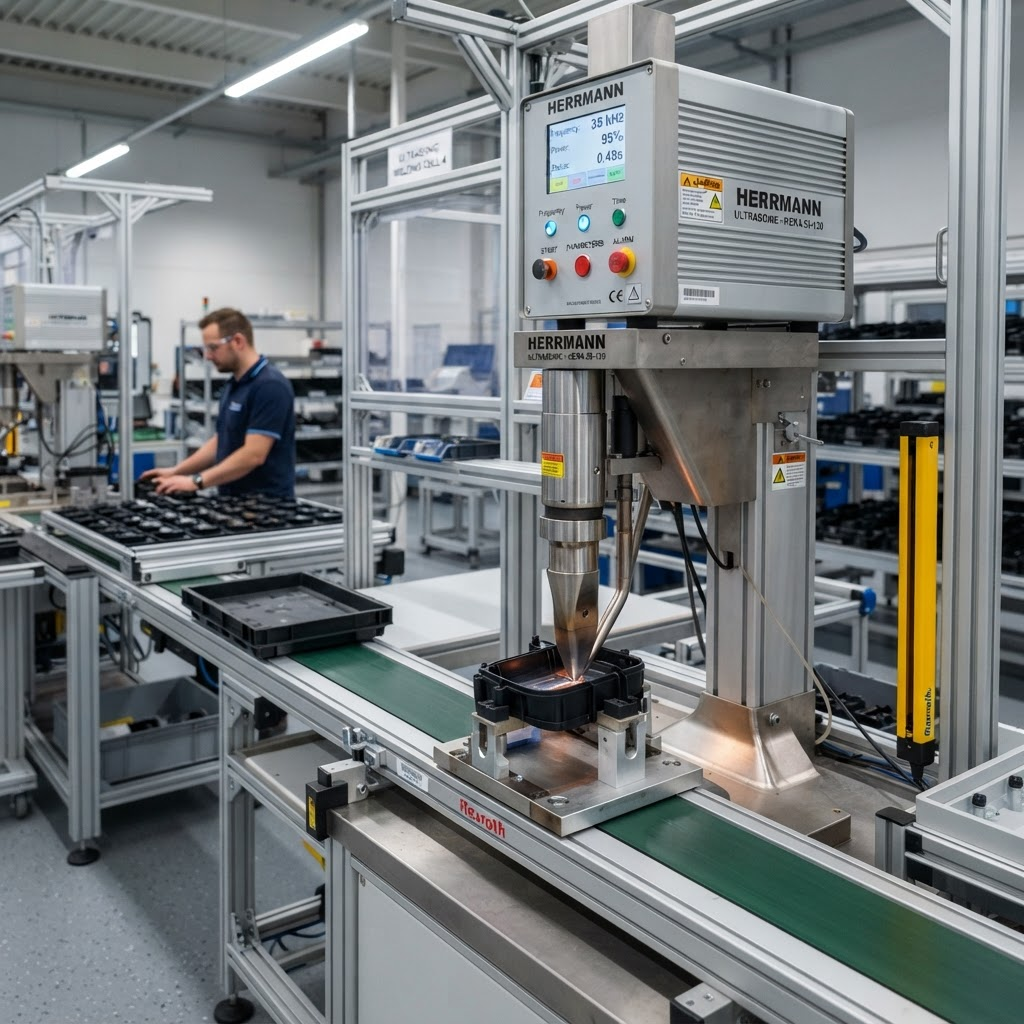 Przemysłowa spawarka ultradźwiękowa na linii produkcyjnej – generator z panelem kontrolnym i głowicą zgrzewającą